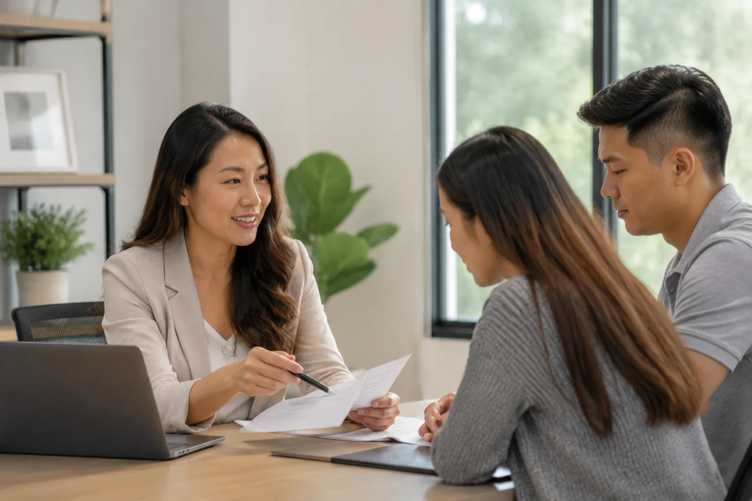 Megan Huynh giải thích các bước vay FHA cho một cặp vợ chồng trẻ tại văn phòng