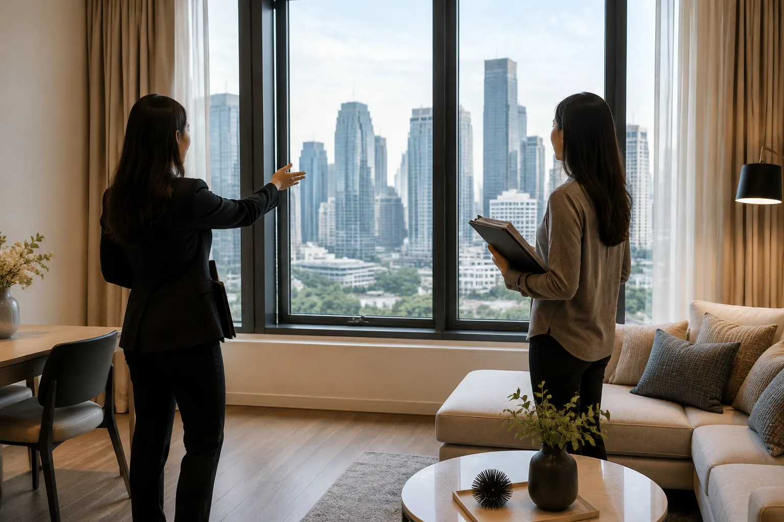 Realtor giới thiệu nội thất căn hộ cho khách hàng với đường chân trời Atlanta nhìn thấy qua cửa sổ