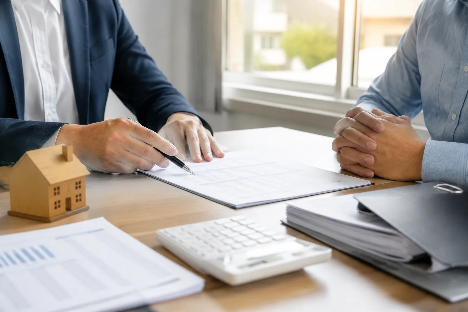 Mortgage broker explaining loan documents to a client using alternative credit documentation