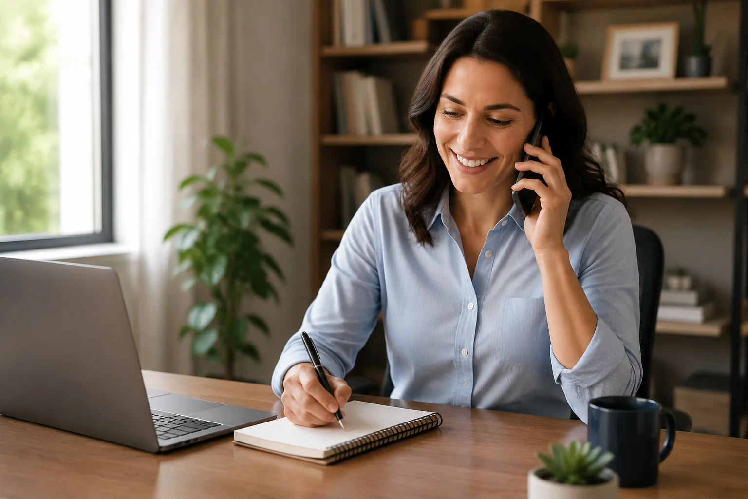 Woman on a phone call taking notes while working remotely with a client