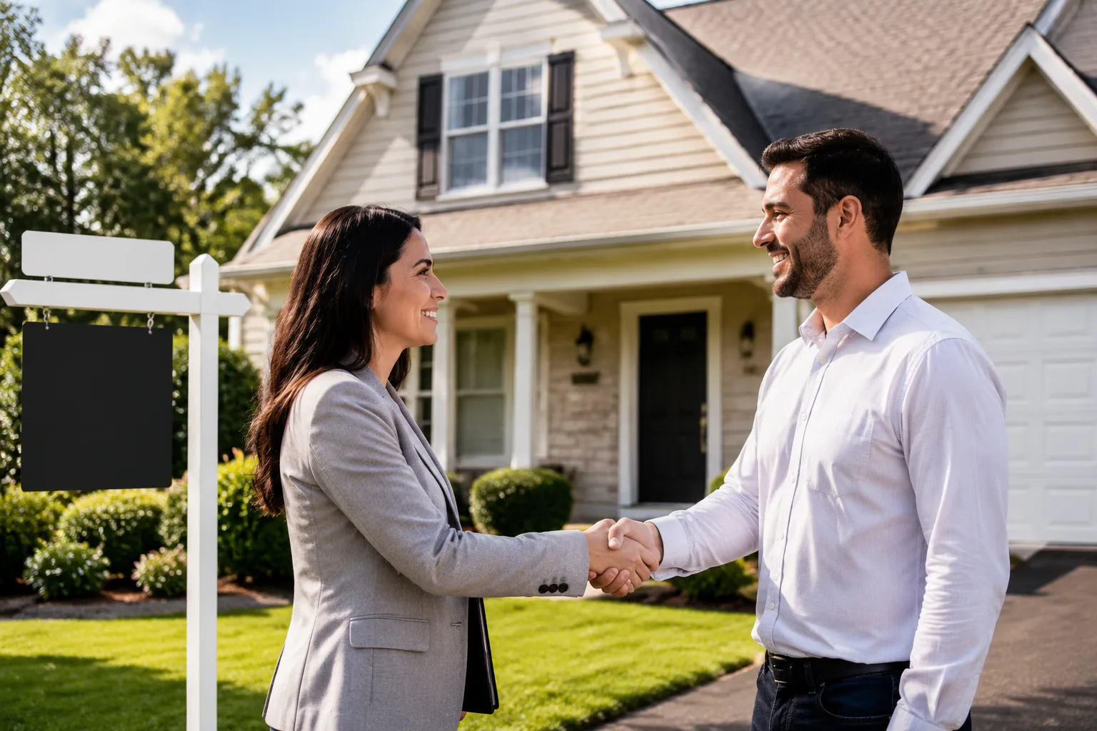 Realtor và khách hàng bắt tay trước một ngôi nhà sau khi hoàn tất giao dịch mua bán