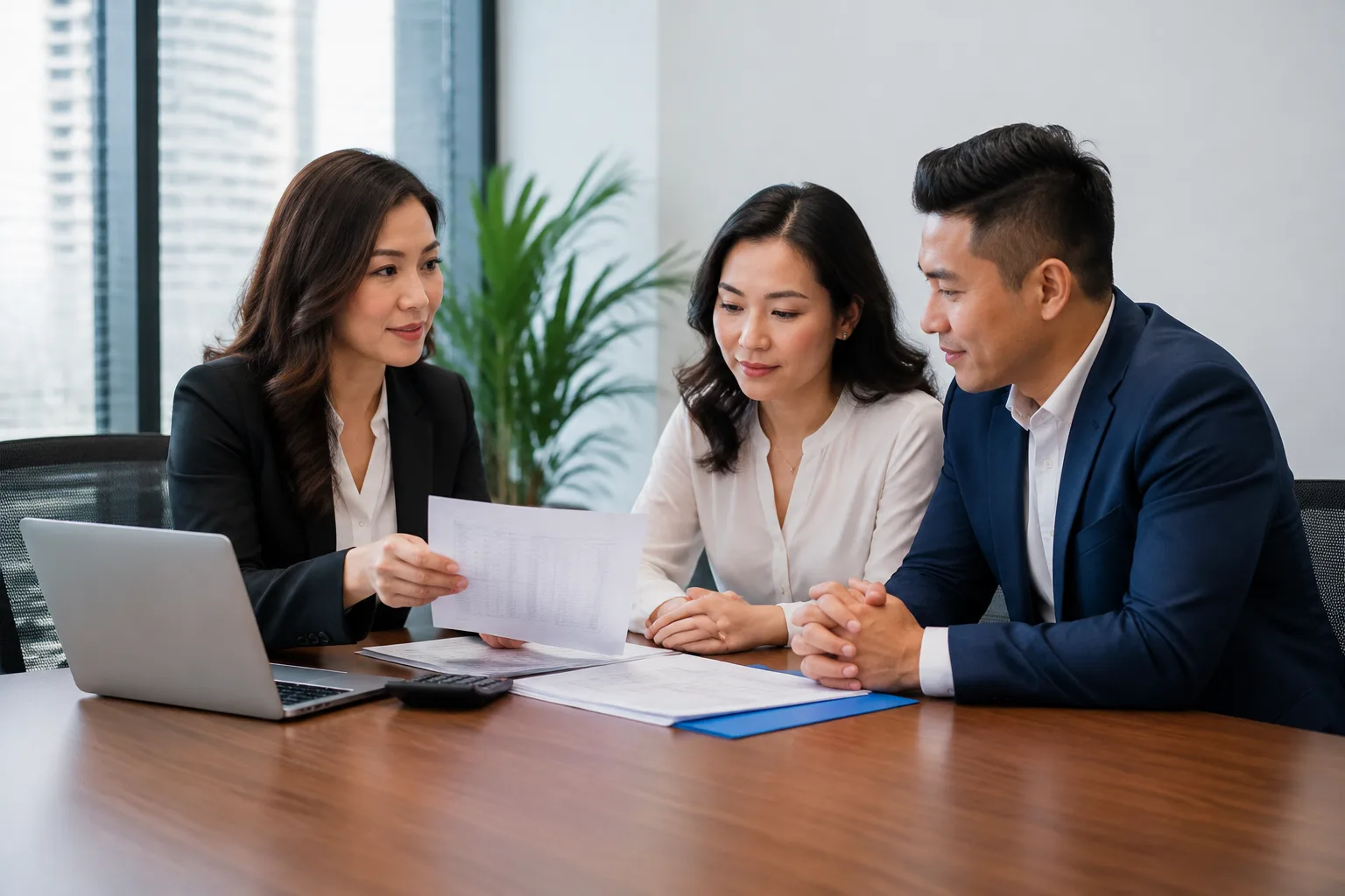 Megan Huynh reviewing financial documentation with a client for a higher-value home purchase