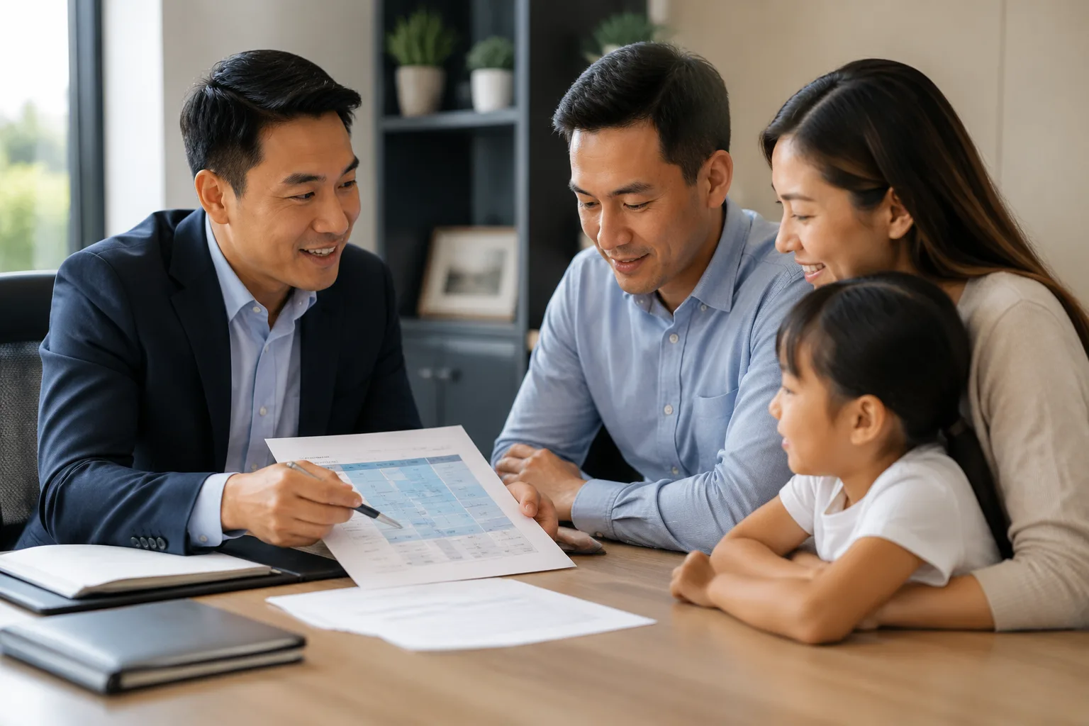 Megan Huynh giải thích sự khác biệt giữa vay FHA và Conventional cho một gia đình tại bàn làm việc