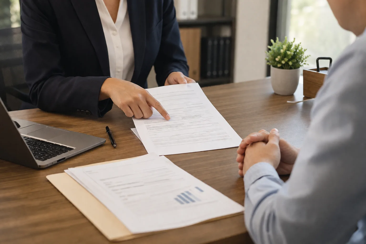 Buổi tư vấn vay thế chấp tại bàn làm việc văn phòng, xem xét hồ sơ vay và thư pre-approval