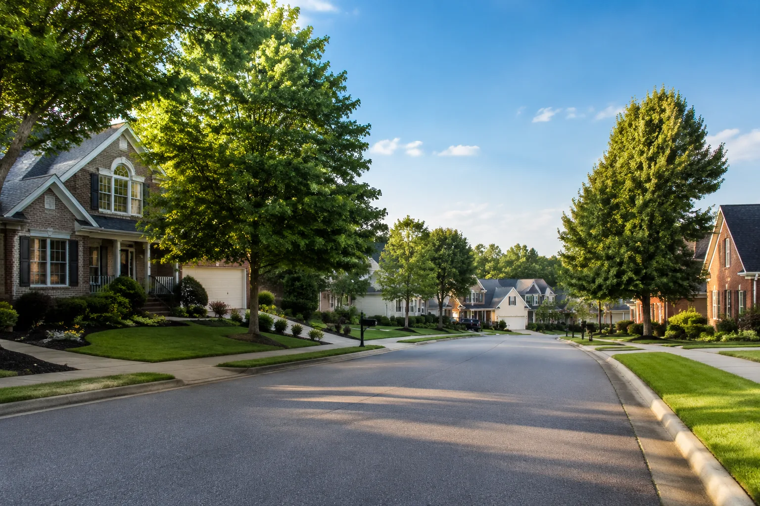 Con đường khu dân cư ngoại ô Duluth, GA với các căn nhà riêng lẻ, đại diện cho dịch vụ realtor và môi giới vay thế chấp của Megan Huynh