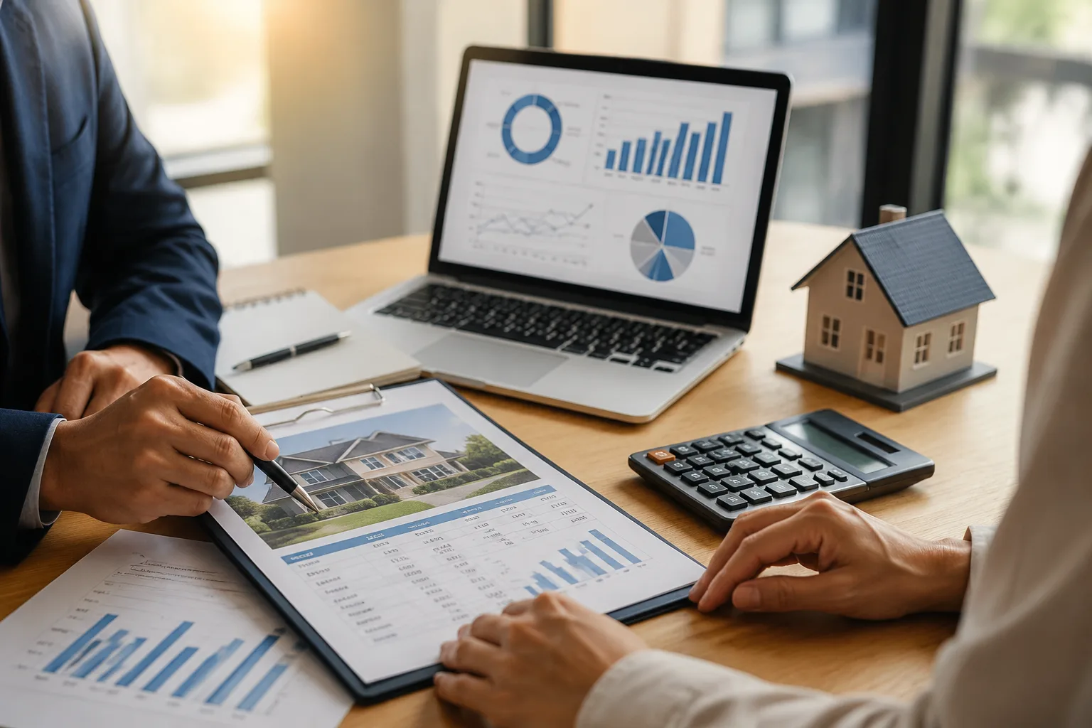 Nhân viên vay và khách hàng xem xét hồ sơ vay DSCR đầu tư tại bàn làm việc