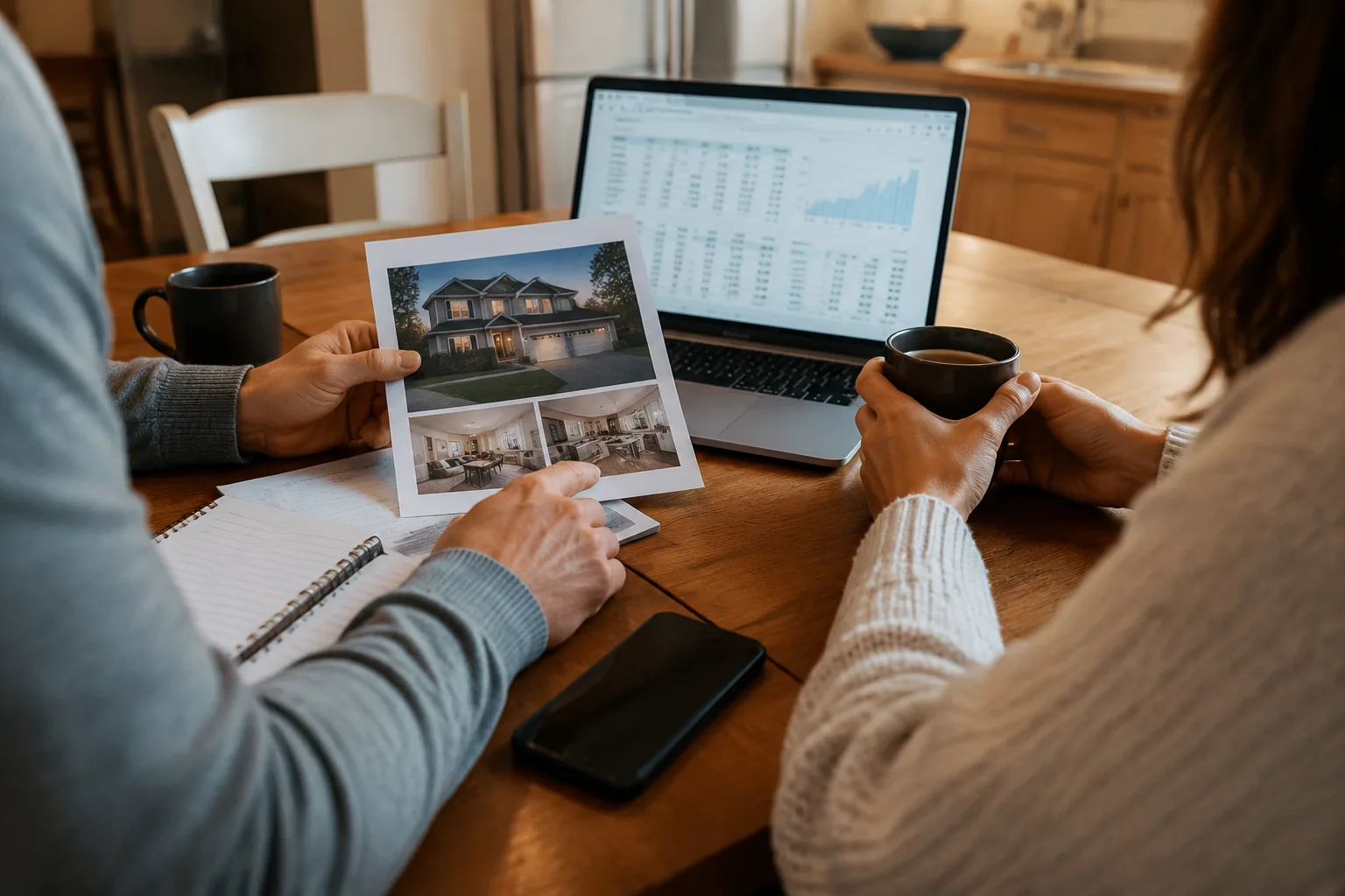 Realtor and clients reviewing a home listing and mortgage refinance options at a kitchen table