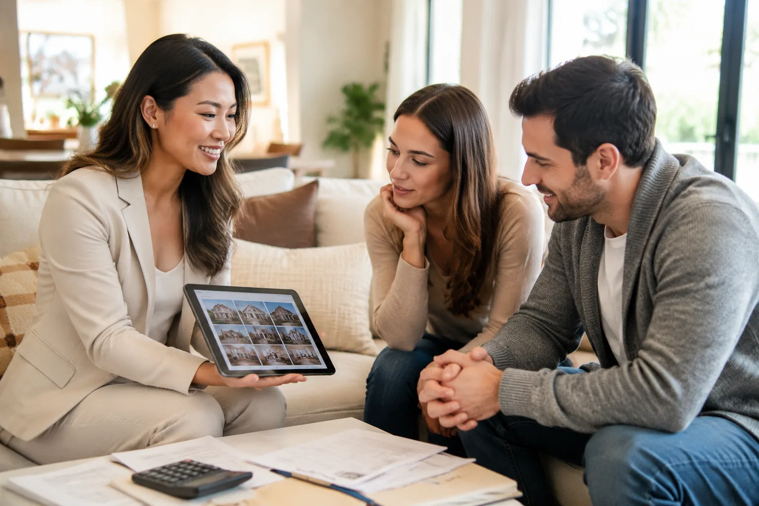 Megan Huynh reviewing home options and budget with a client for Lilburn