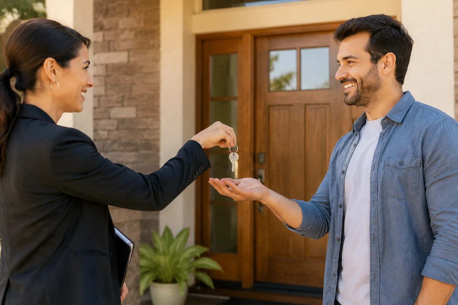 Realtor handing over house keys to a client after closing a transaction in Norcross
