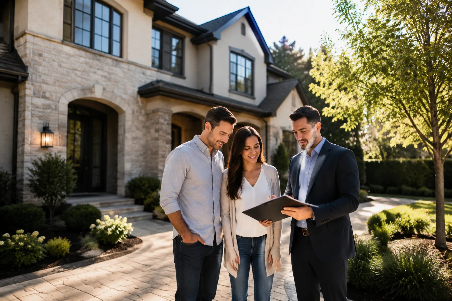 Realtor reviewing a purchase contract with clients for a luxury home in Roswell