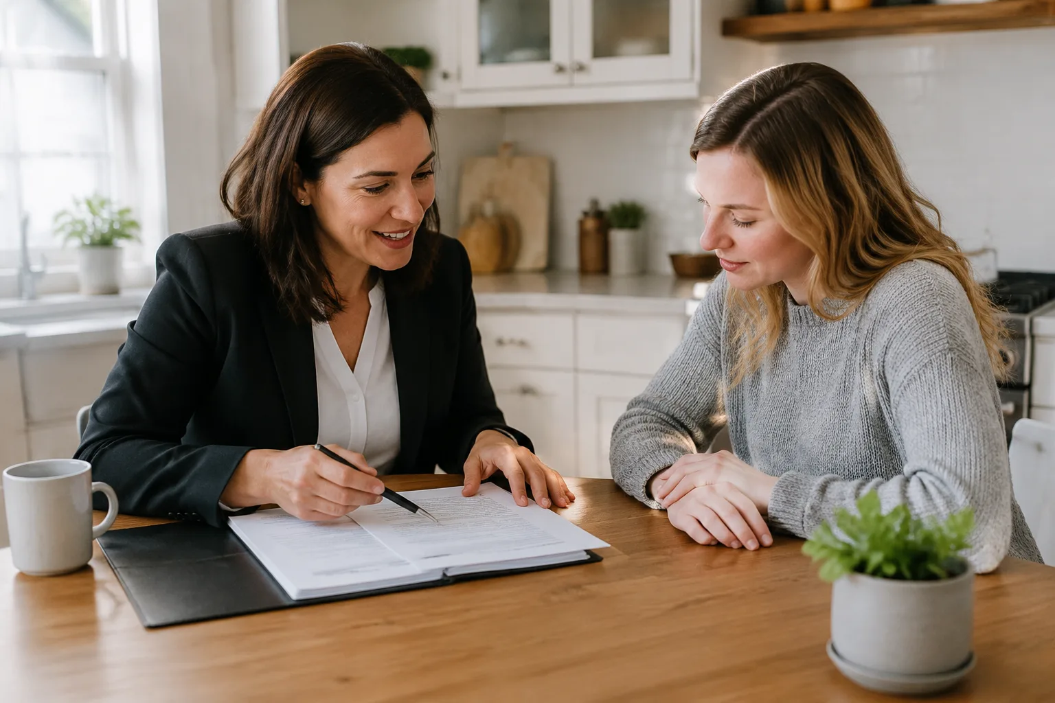 Realtor và khách hàng xem xét hồ sơ nhà tại Snellville trước khi ký hợp đồng