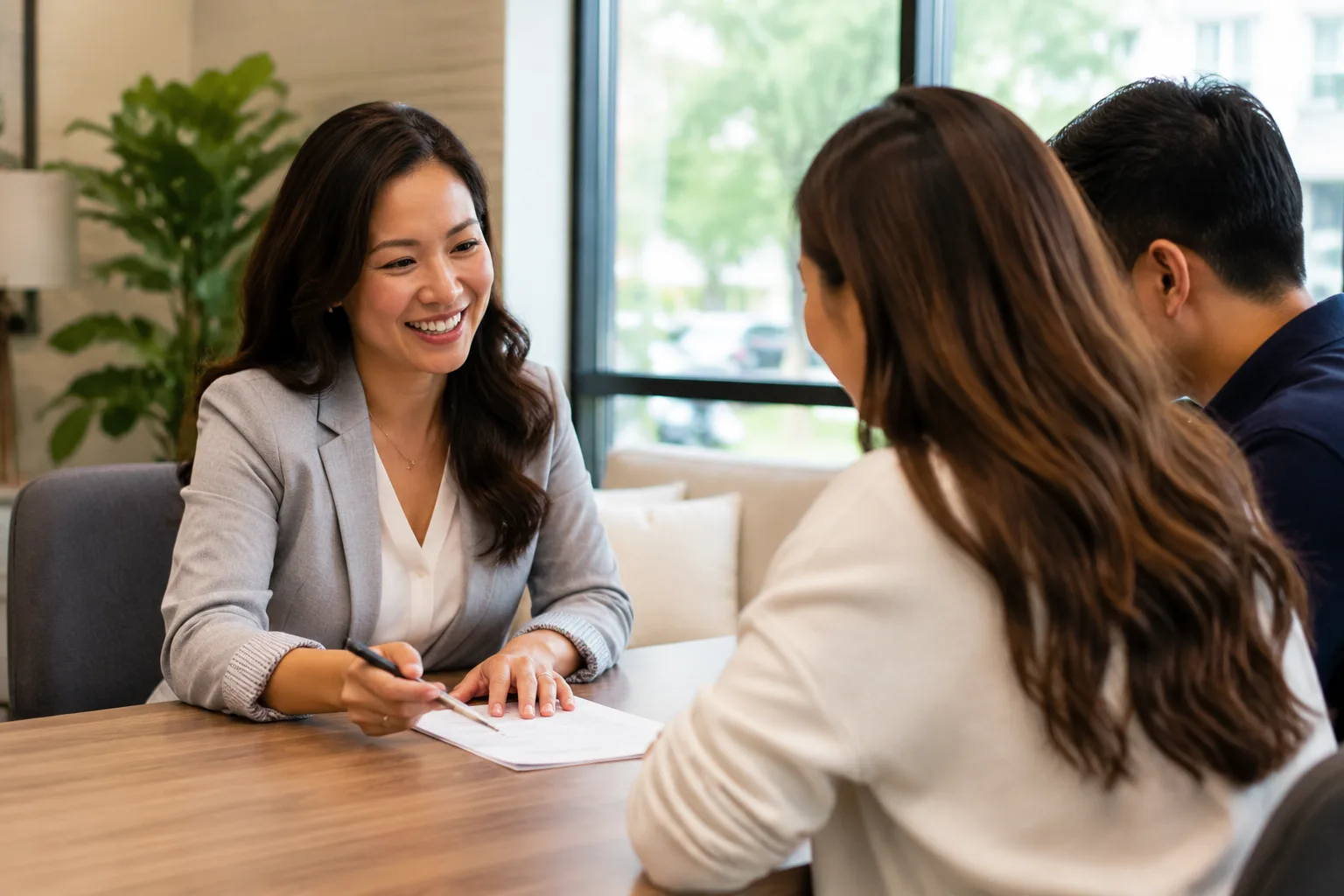 Megan Huynh reviewing FHA loan paperwork with a client at her Duluth, Georgia office