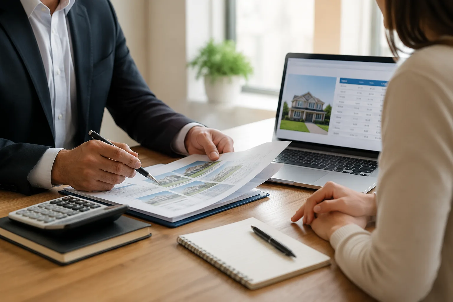 Buổi tư vấn vay thế chấp giữa chuyên viên môi giới và khách hàng tại văn phòng gần Suwanee