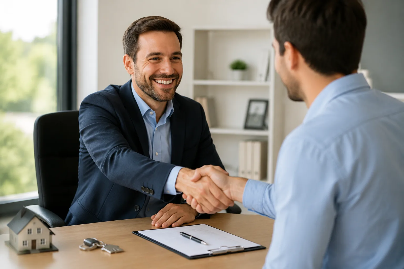 Chuyên viên môi giới và khách hàng bắt tay sau khi hoàn tất hồ sơ vay mua nhà tại Tucker
