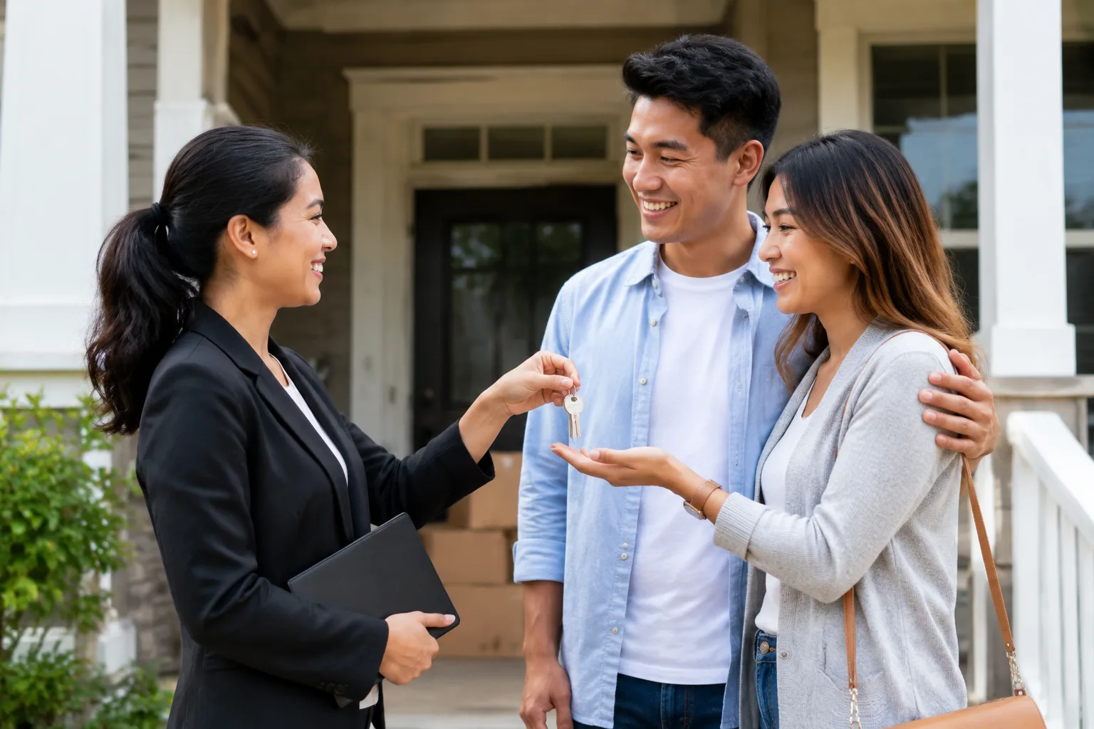 Realtor handing over house keys to a young family in front of their new home
