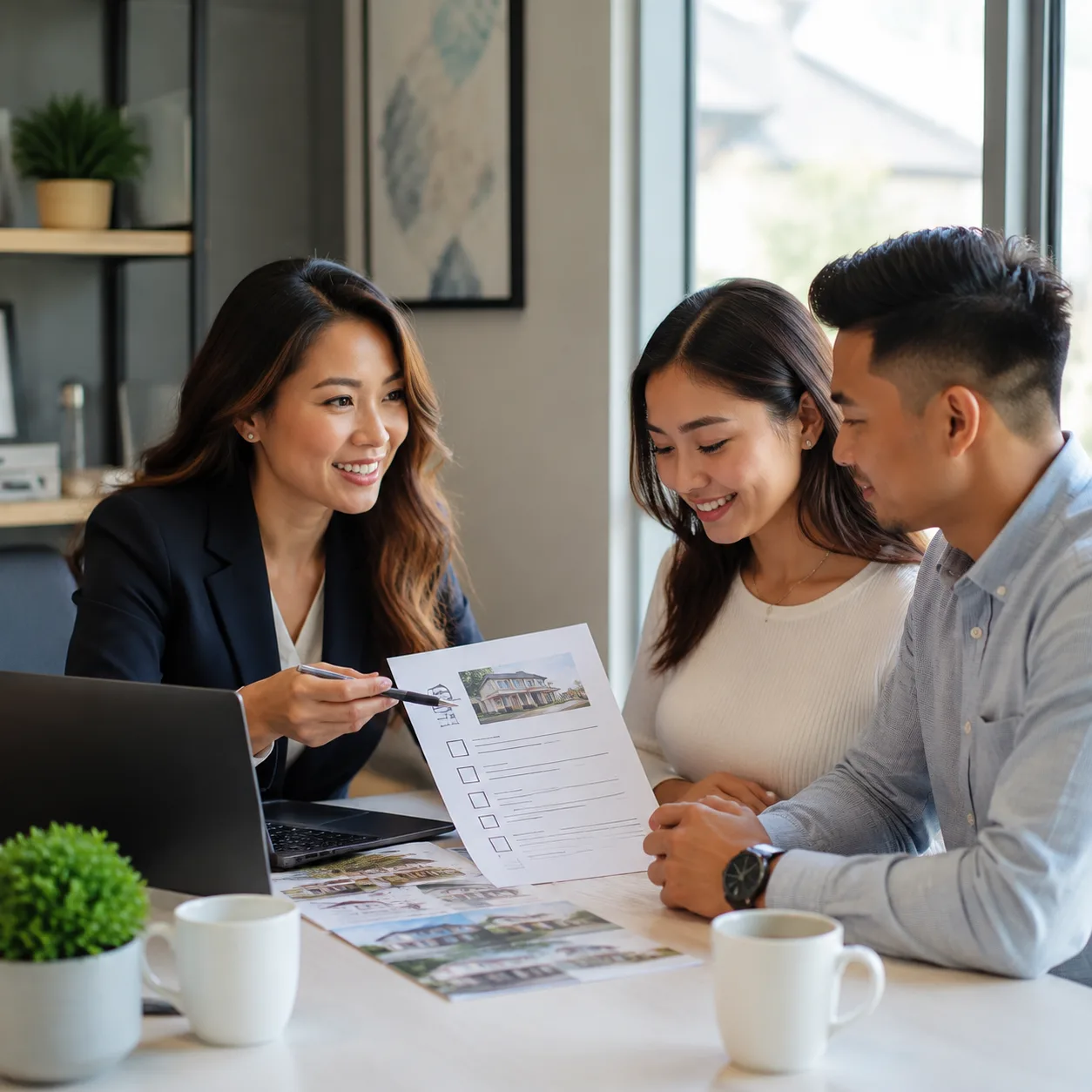 Tư vấn viên bất động sản trao đổi với khách hàng về checklist mua nhà