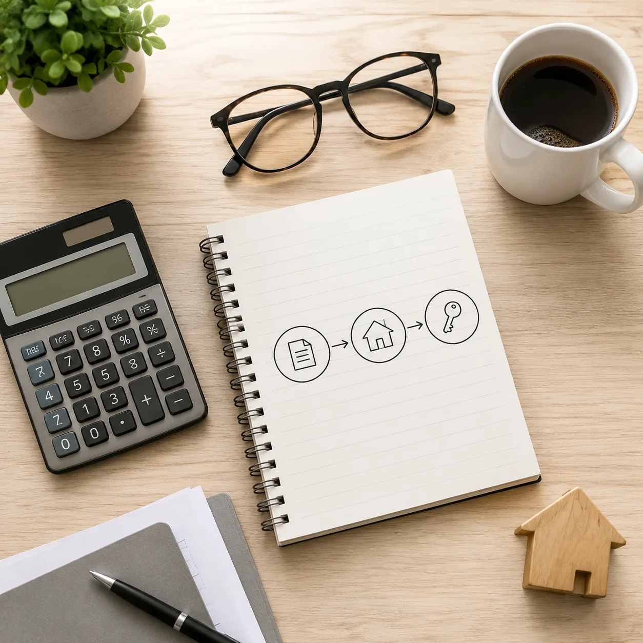 Bàn làm việc của mortgage advisor với ghi chú quy trình vay mua nhà