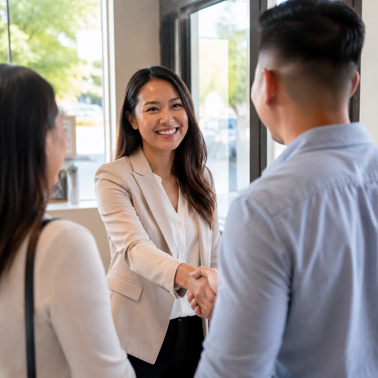Mortgage broker chào đón khách hàng tại văn phòng địa phương