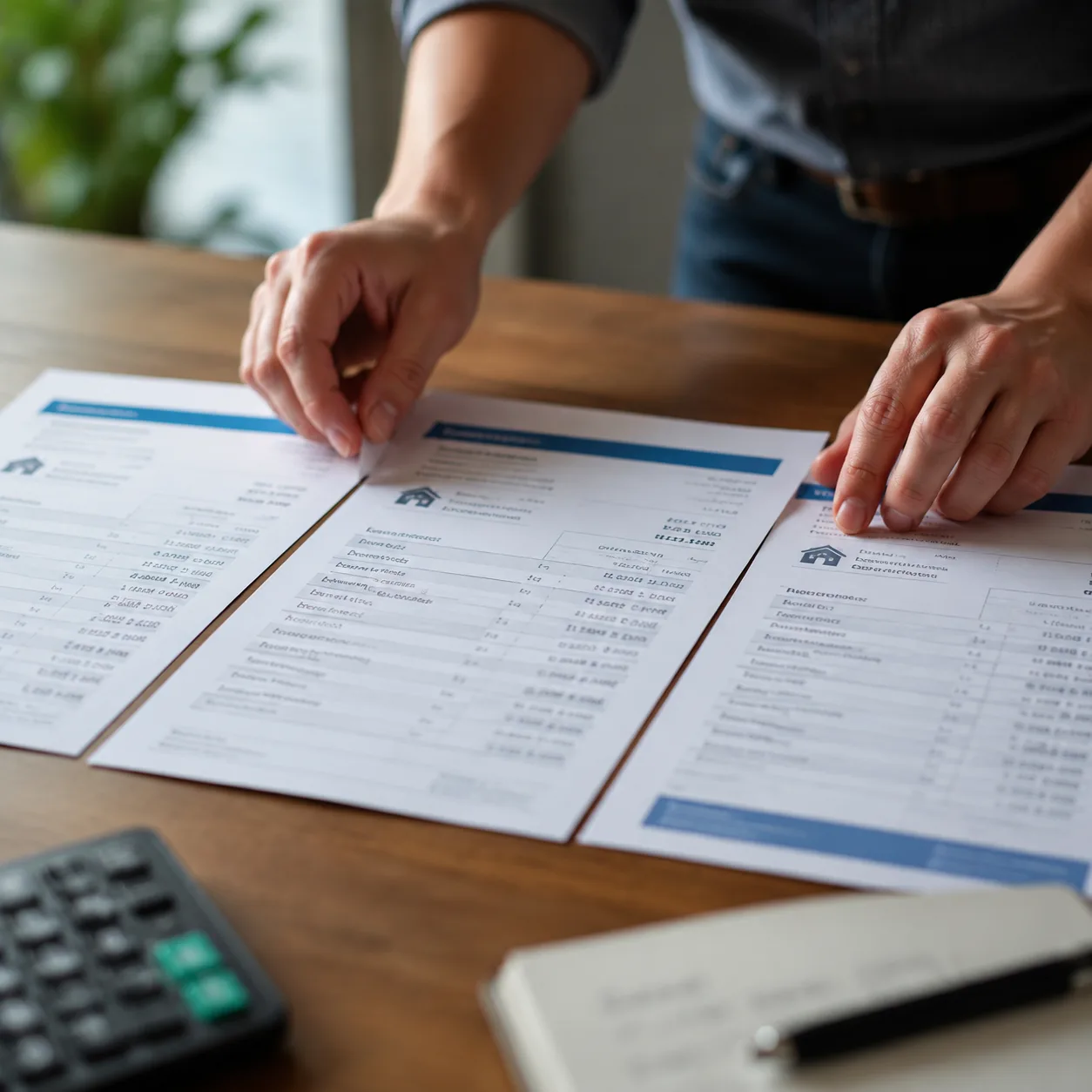 Khách hàng và broker xem xét nhiều bản Loan Estimate cạnh nhau trên bàn