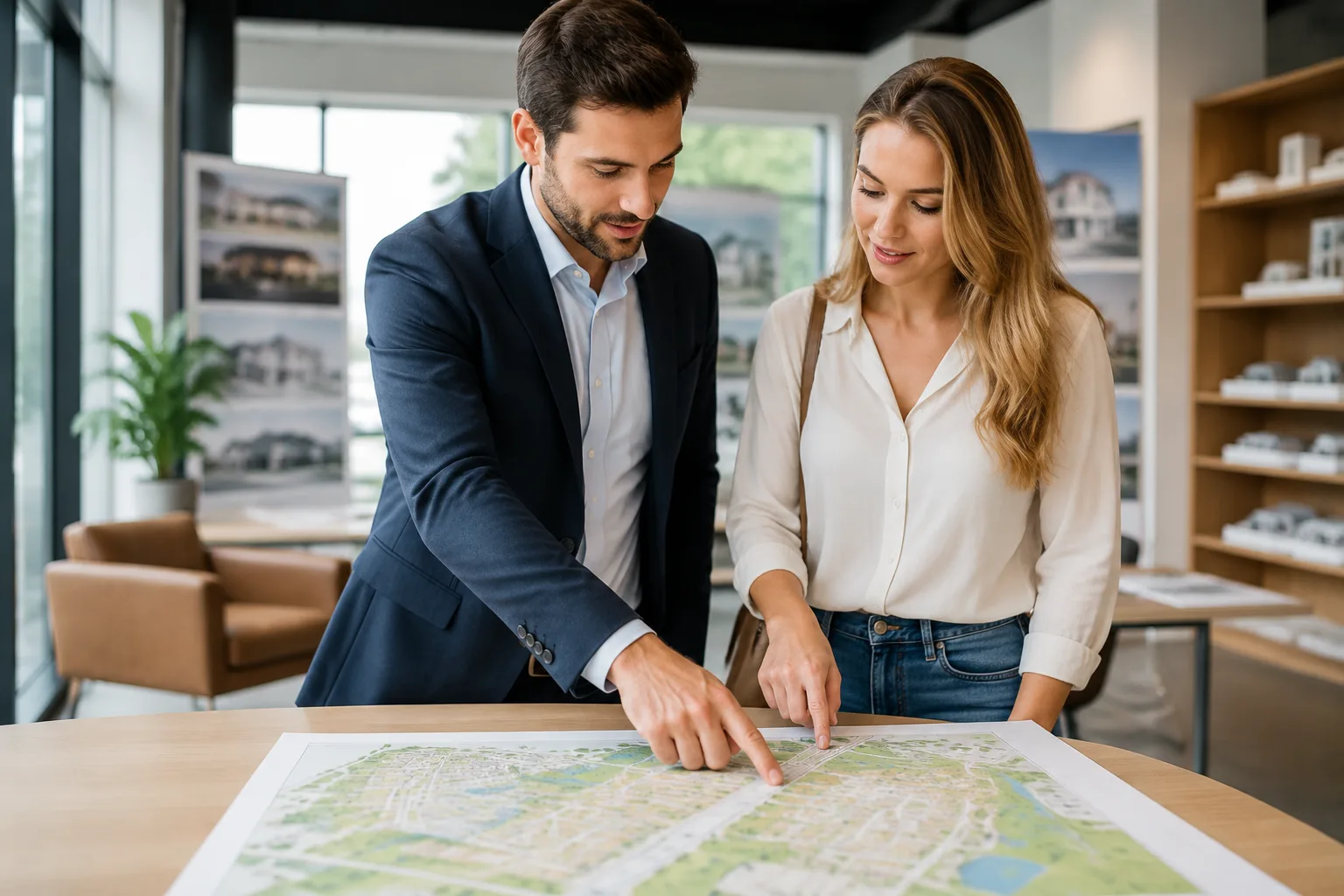 Real estate agent pointing to an area map explaining price trends to a client