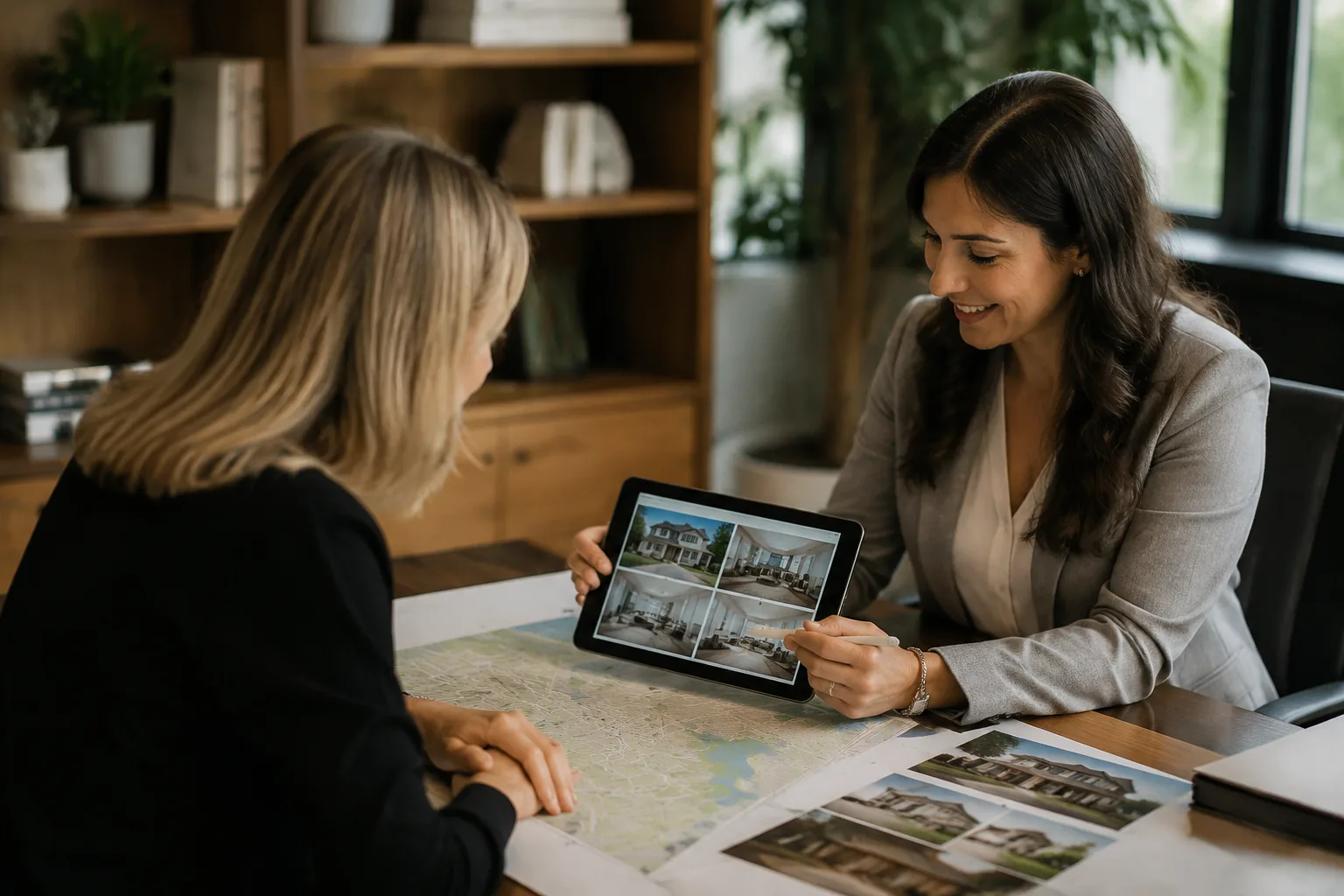Khách hàng và realtor xem xét bản đồ khu phố trên máy tính bảng