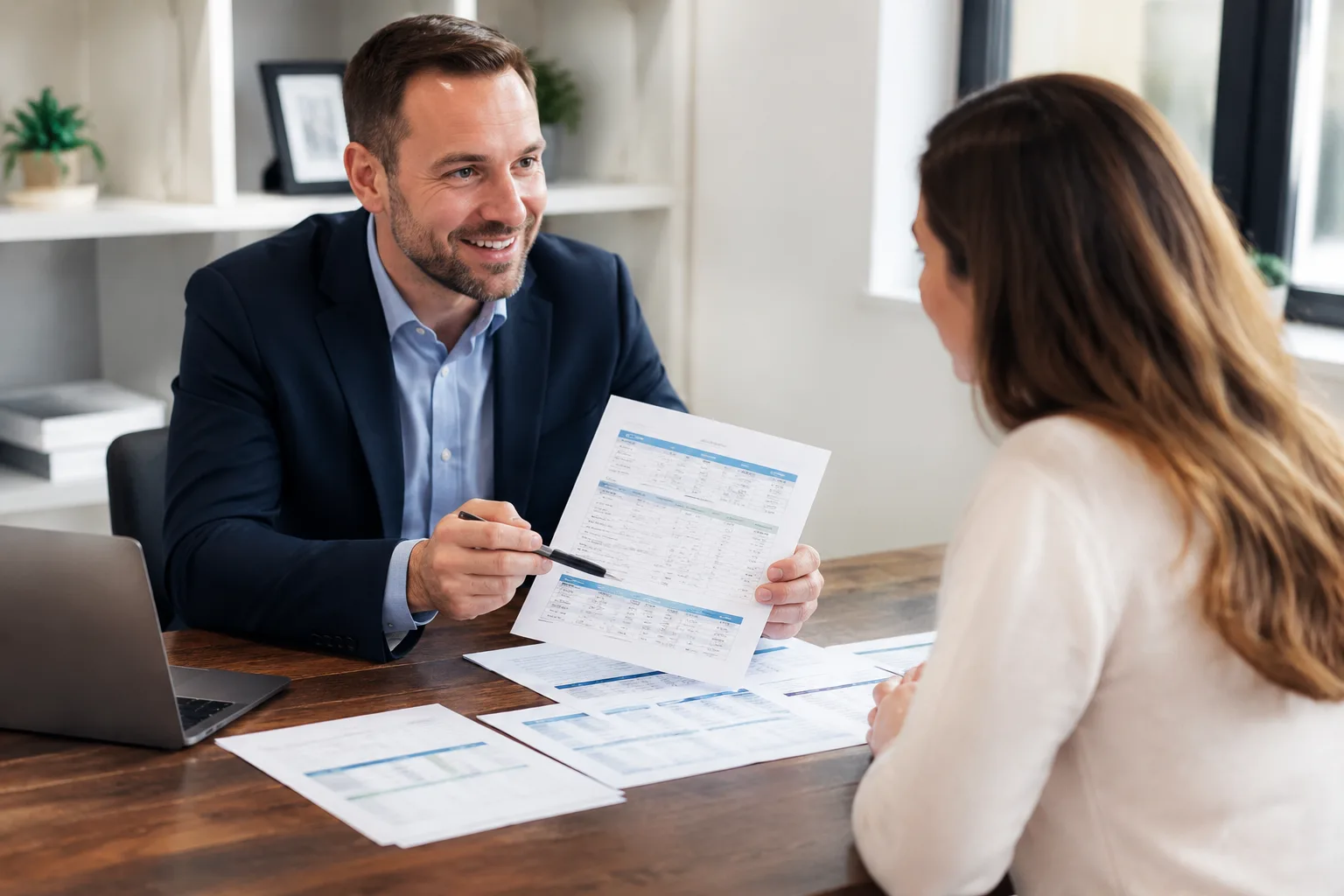 Chuyên viên tư vấn vay độc lập trình bày nhiều báo giá lender khác nhau cho khách hàng