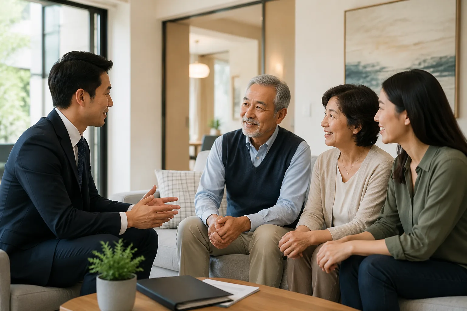 Đại lý bất động sản trò chuyện với ông bà và cha mẹ trong gia đình khách hàng