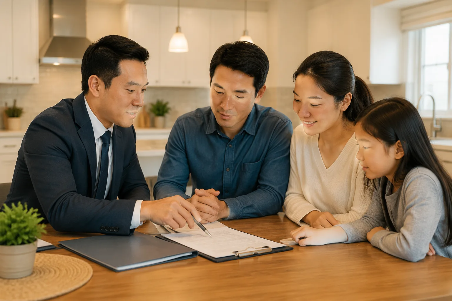 Realtor song ngữ giải thích hợp đồng cho gia đình khách hàng tại bàn bếp