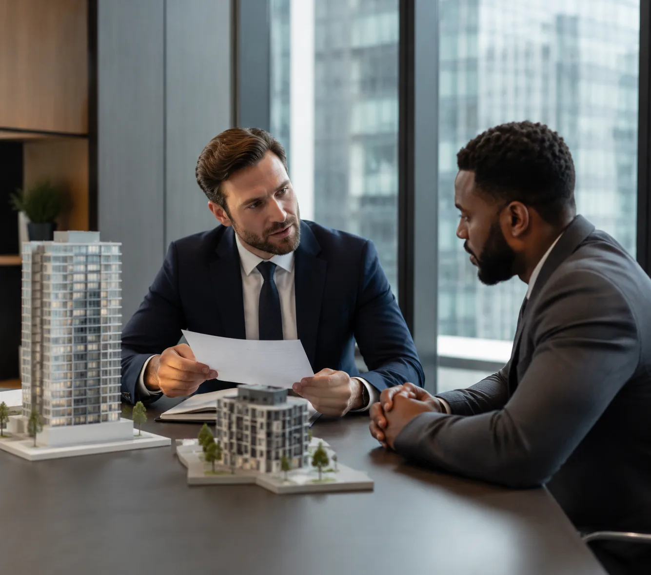 Commercial mortgage broker trình bày điều khoản vay cho tòa nhà văn phòng với nhà đầu tư