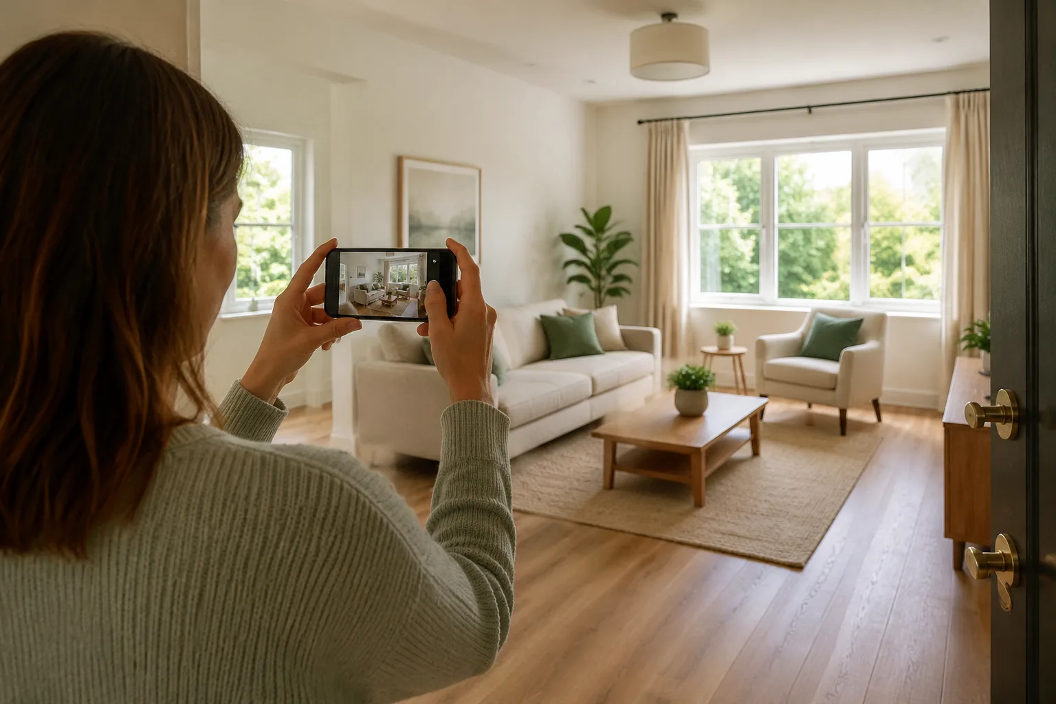 A homeowner photographing their living room to prepare a home listing