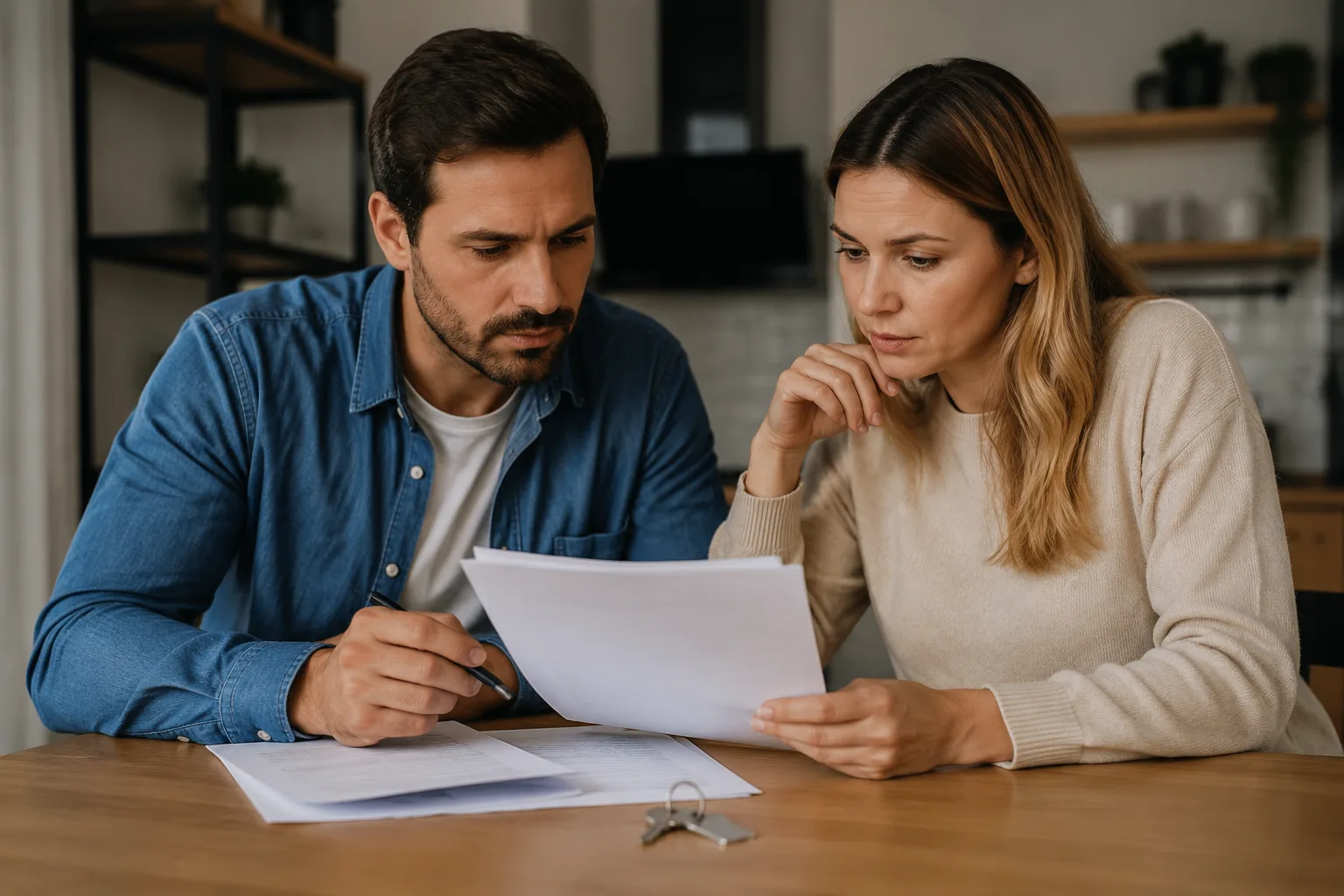 Two people negotiating home sale contract terms at a table