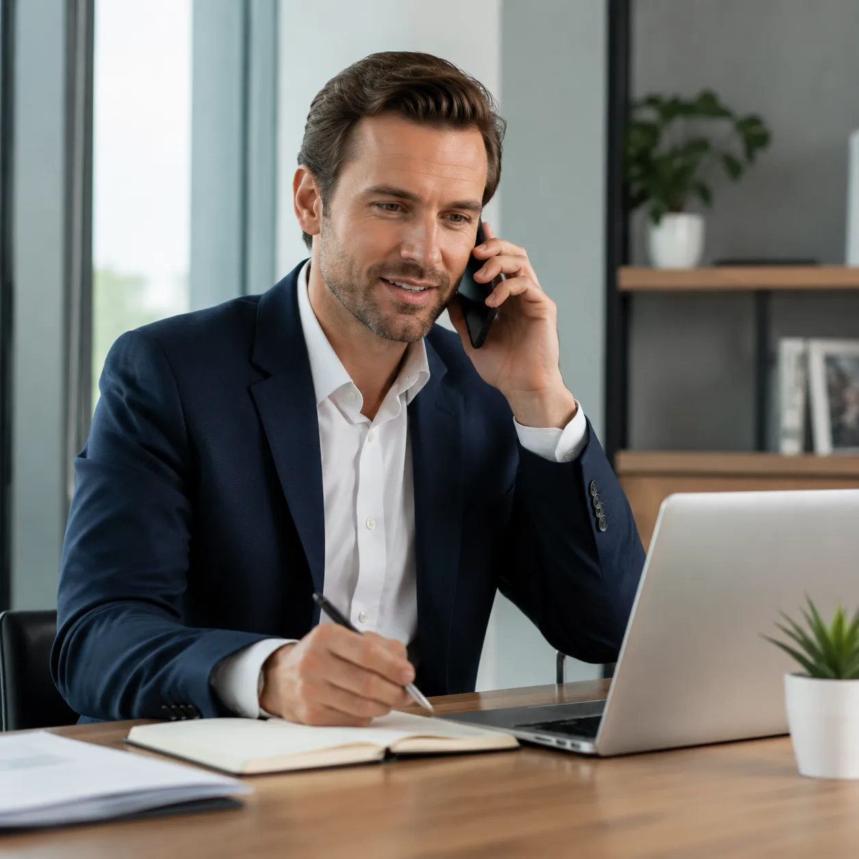 Home loan specialist on the phone consulting a client in a bright office