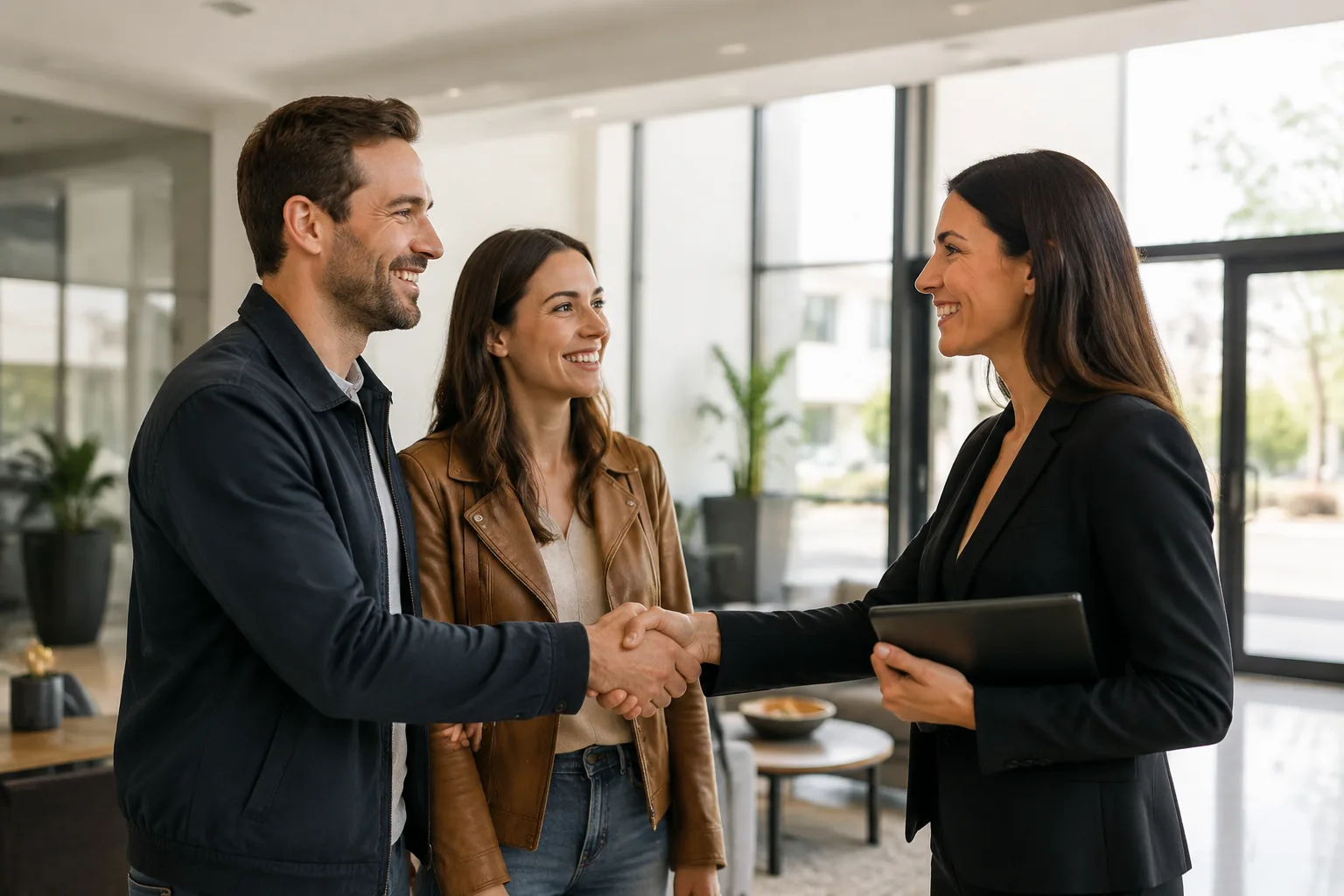 Người mua nhà bắt tay với agent sau cuộc phỏng vấn thành công
