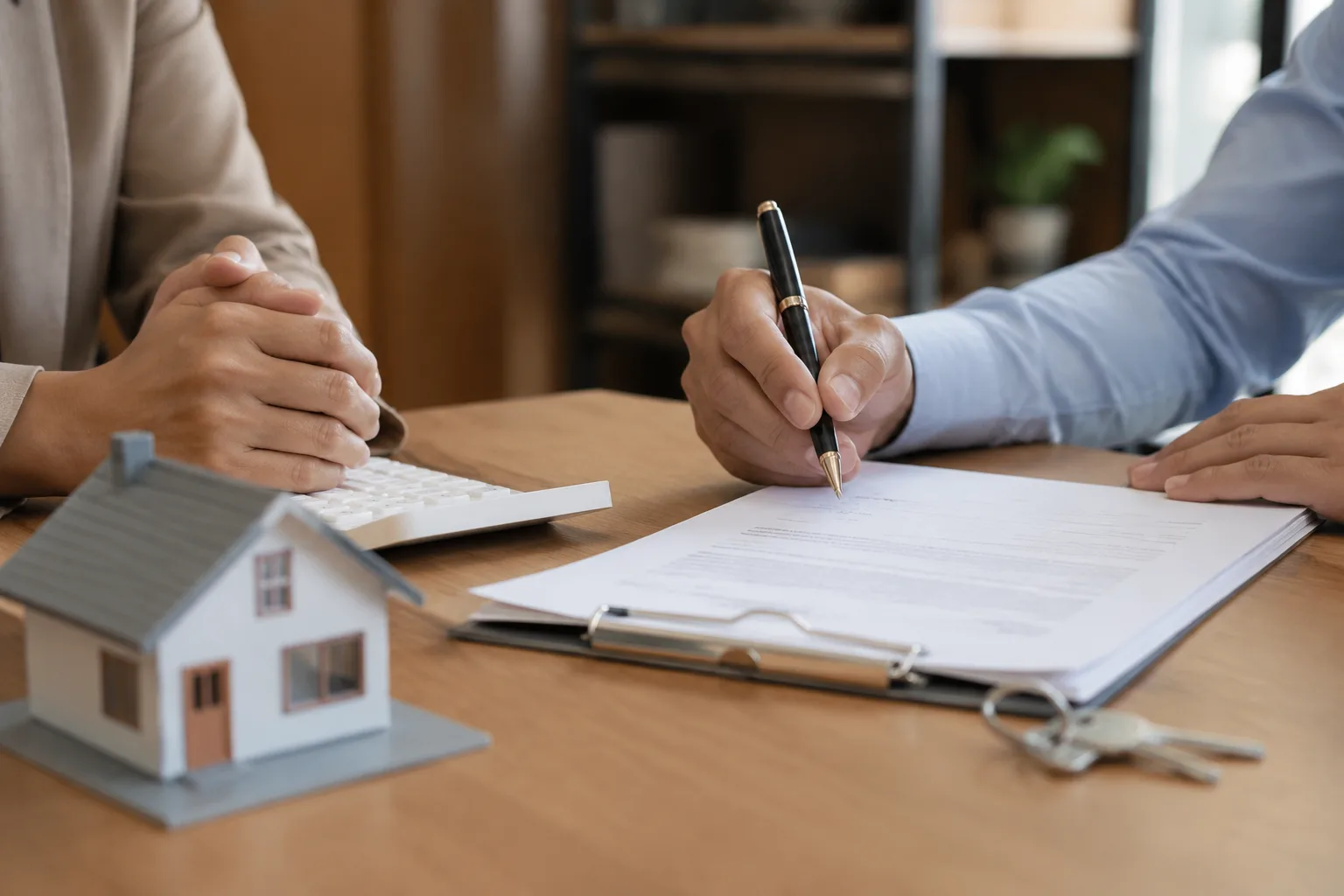 Closing table with real estate transaction paperwork