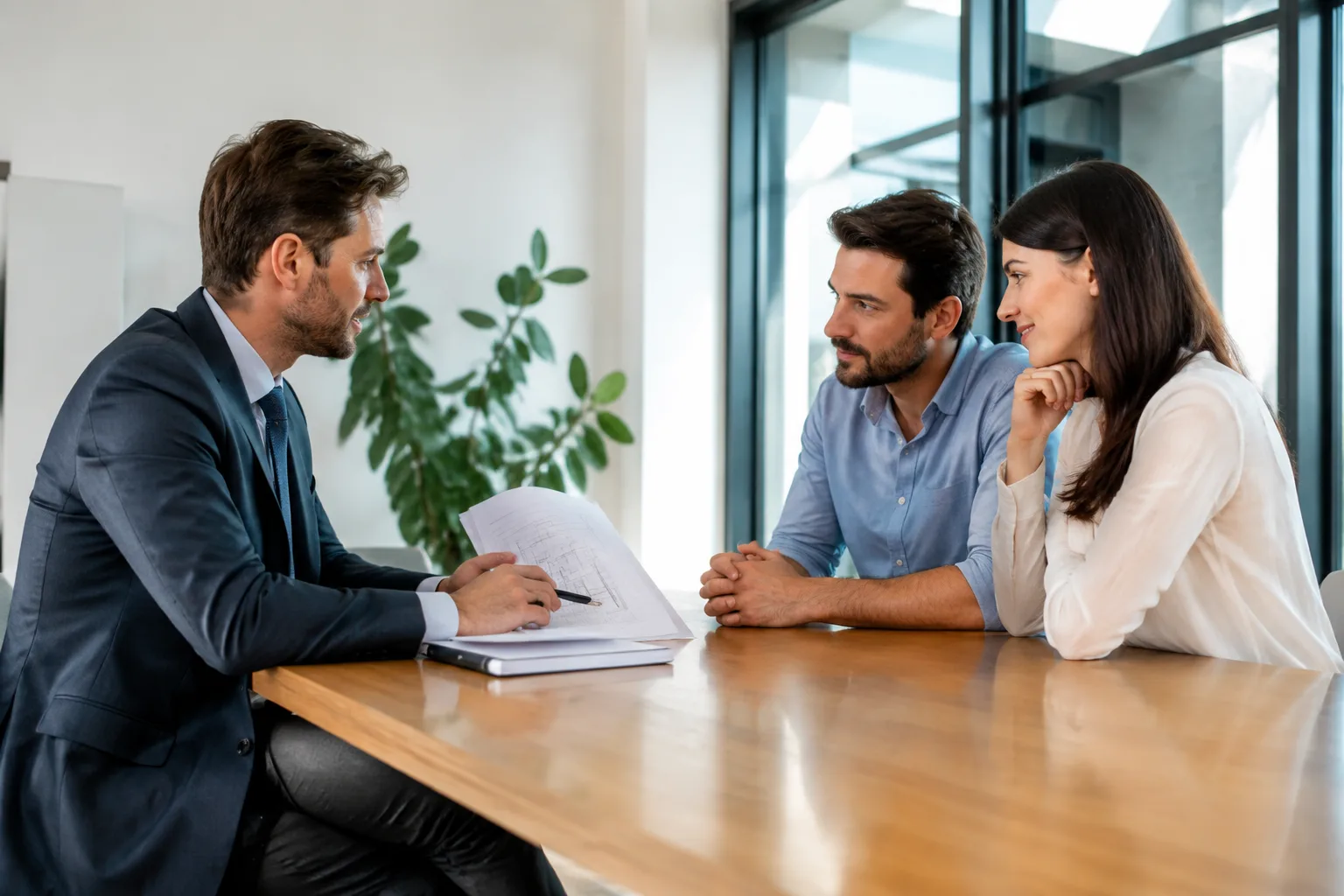 A real estate agent meeting with clients in a modern office