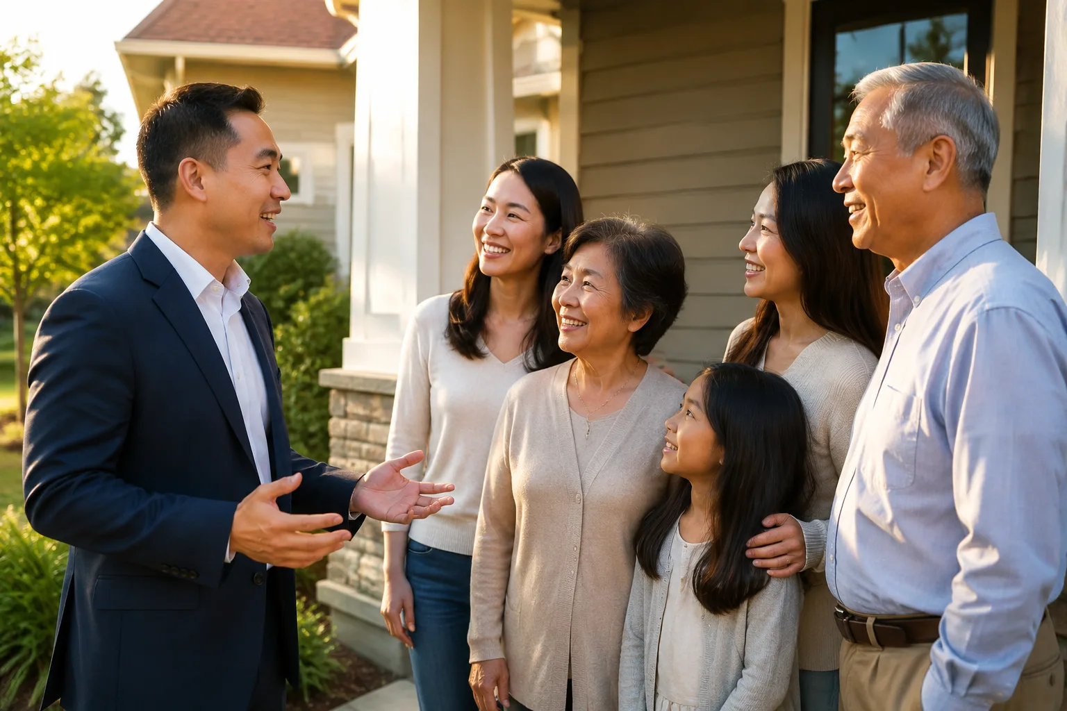 An independent realtor having a warm conversation with a family in front of a home