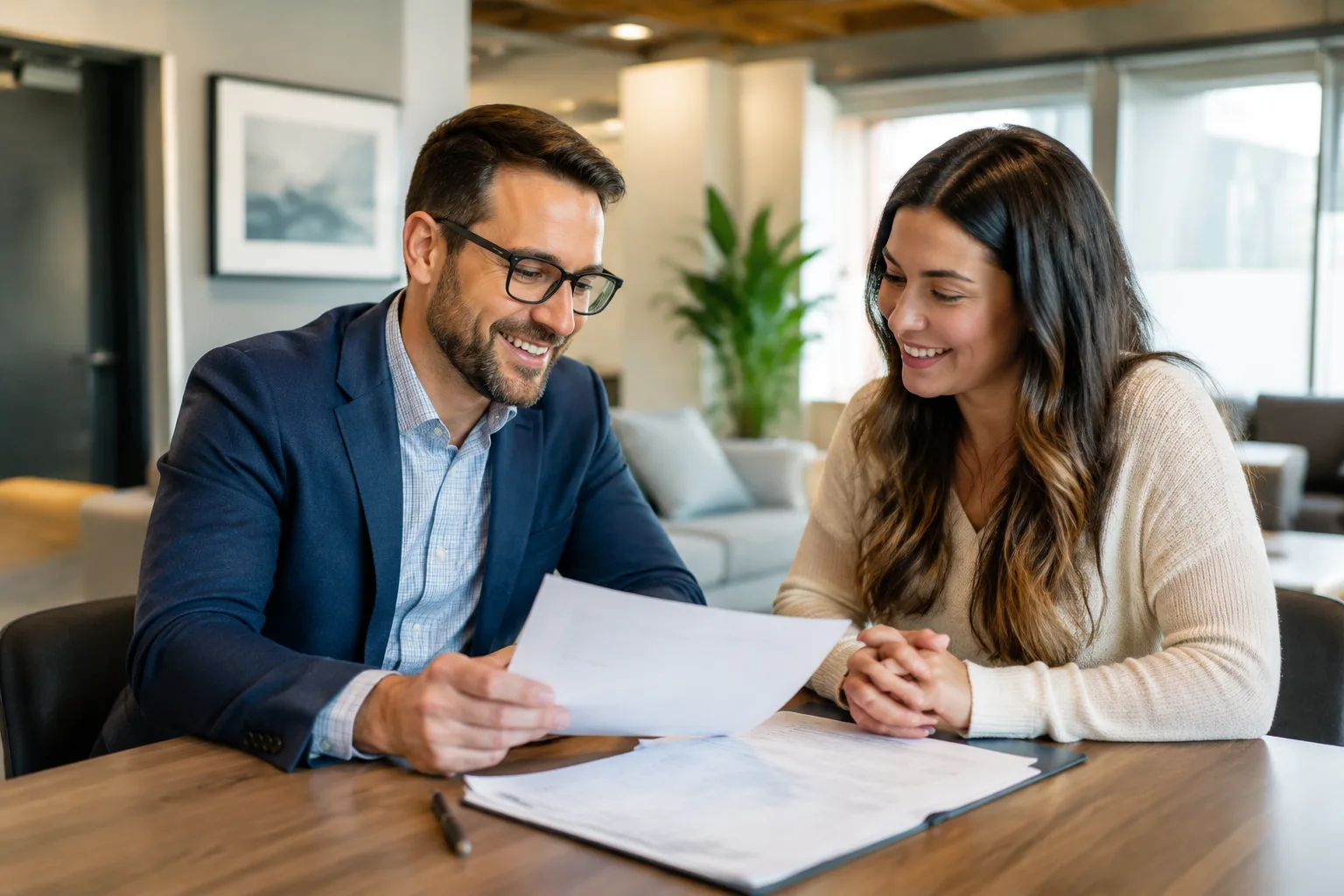 Broker và khách hàng ngồi xem xét Loan Estimate và bảng phí trên bàn