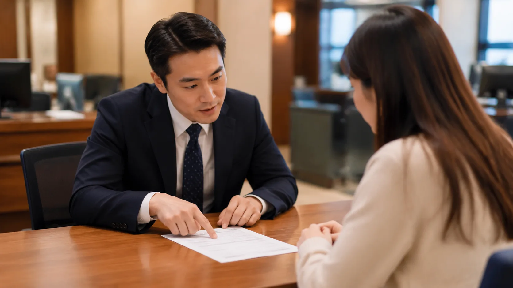 Nhân viên ngân hàng ngồi tại quầy giao dịch giải thích sản phẩm vay cho khách hàng