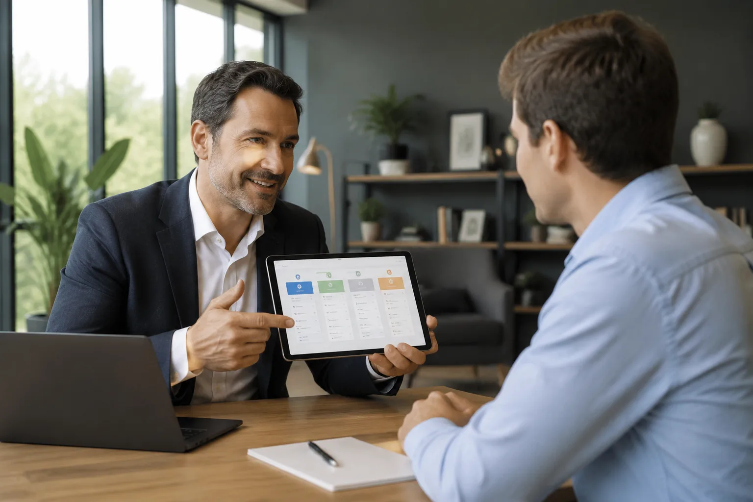 Broker vay độc lập trình bày bảng so sánh nhiều báo giá lender khác nhau trên máy tính bảng