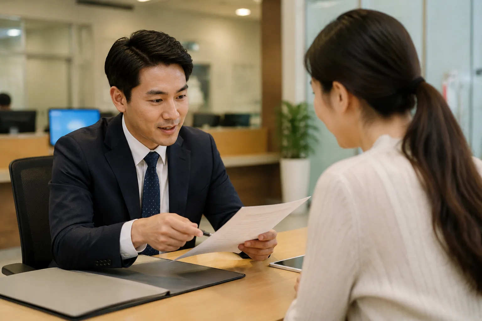 Loan officer ngân hàng giải thích sản phẩm vay cho khách hàng trong chi nhánh