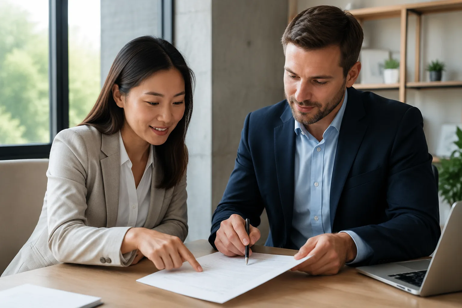 Hai người thảo luận điều khoản hợp đồng tại bàn văn phòng