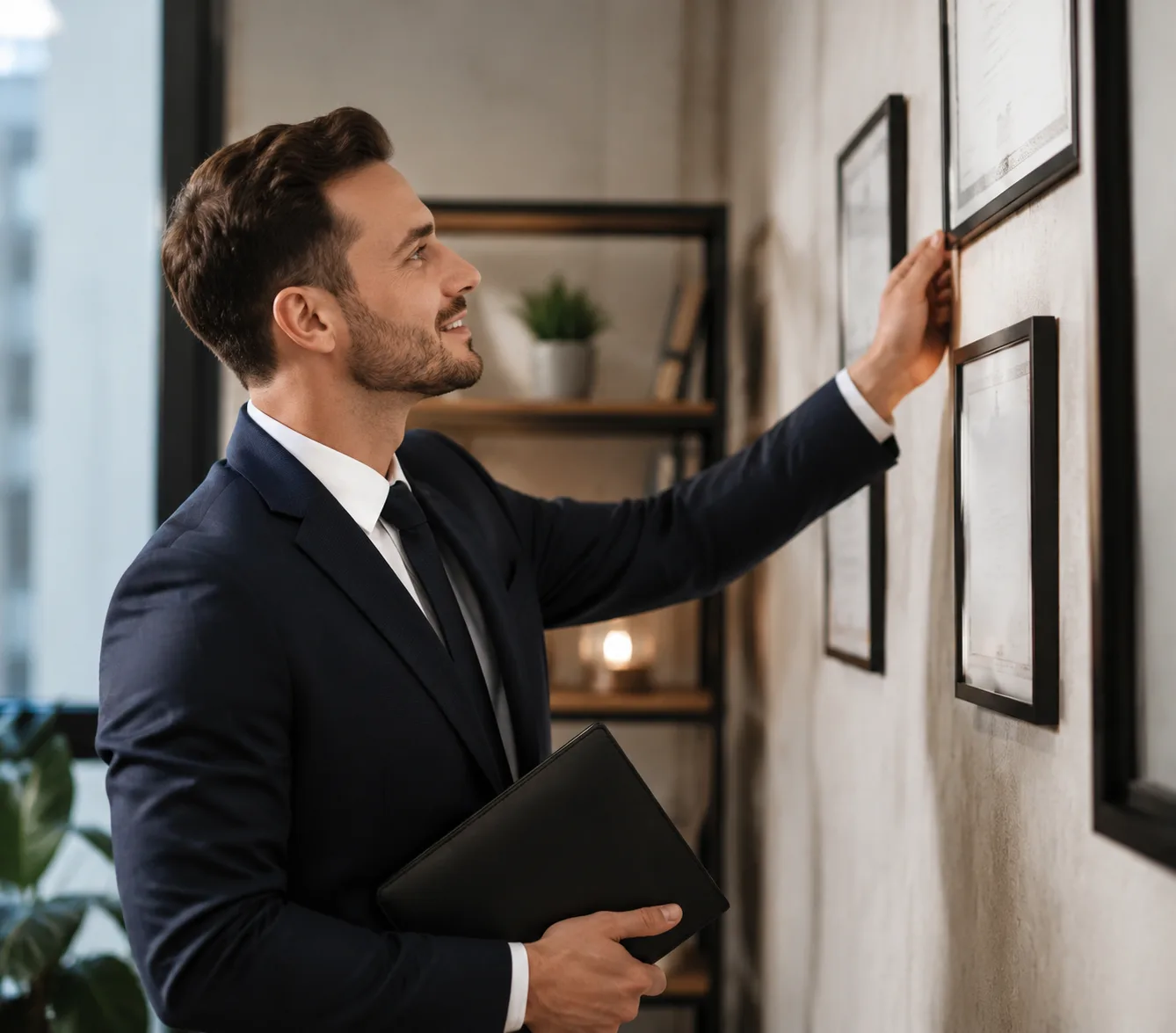 Chuyên gia bất động sản xem xét chứng chỉ giấy phép hành nghề tại văn phòng