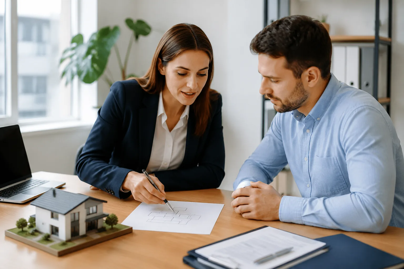 Broker giải thích cấu trúc công ty môi giới cho khách hàng bằng sơ đồ trên giấy