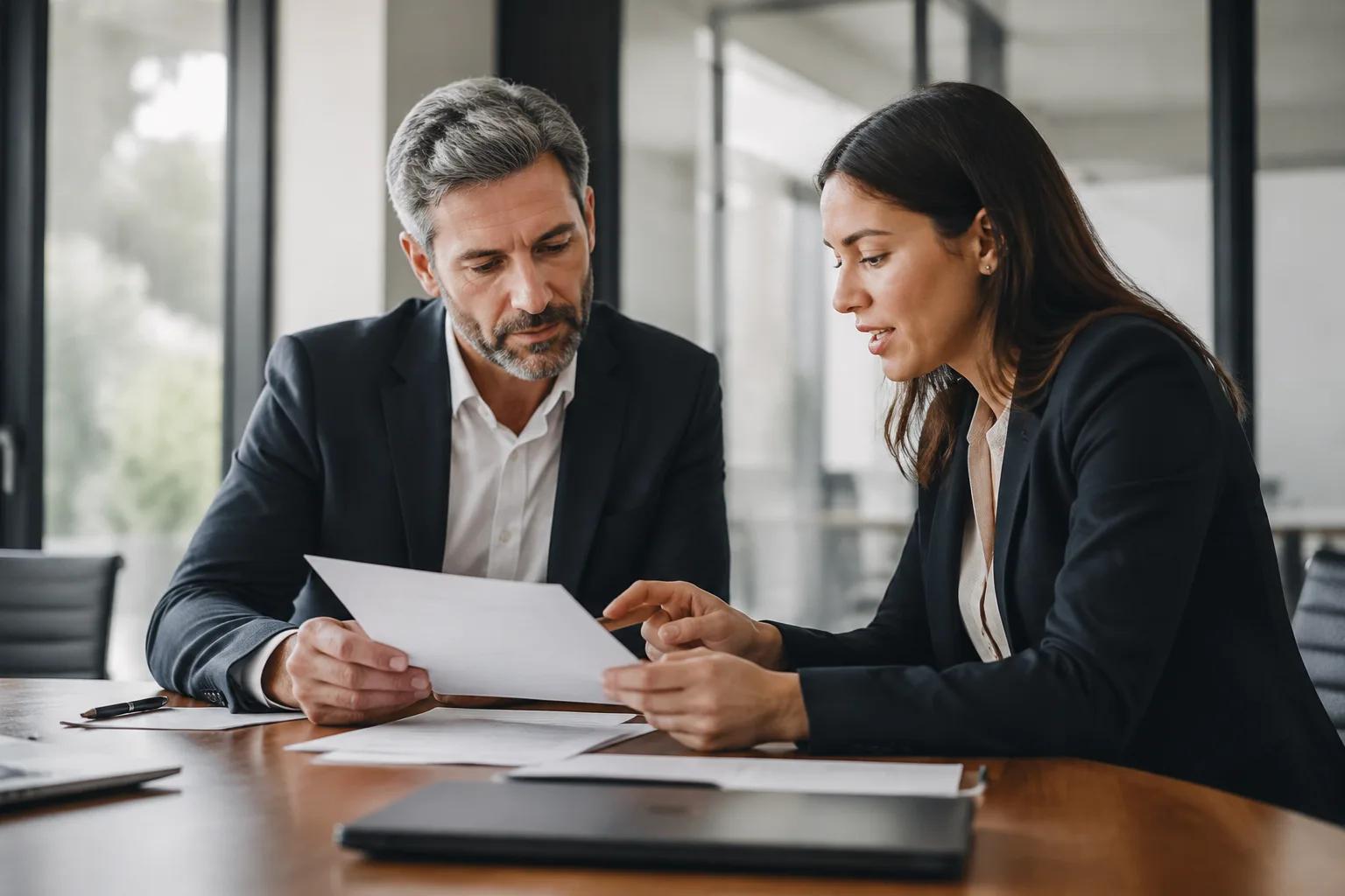Real estate agent and supervising broker reviewing a contract at the office