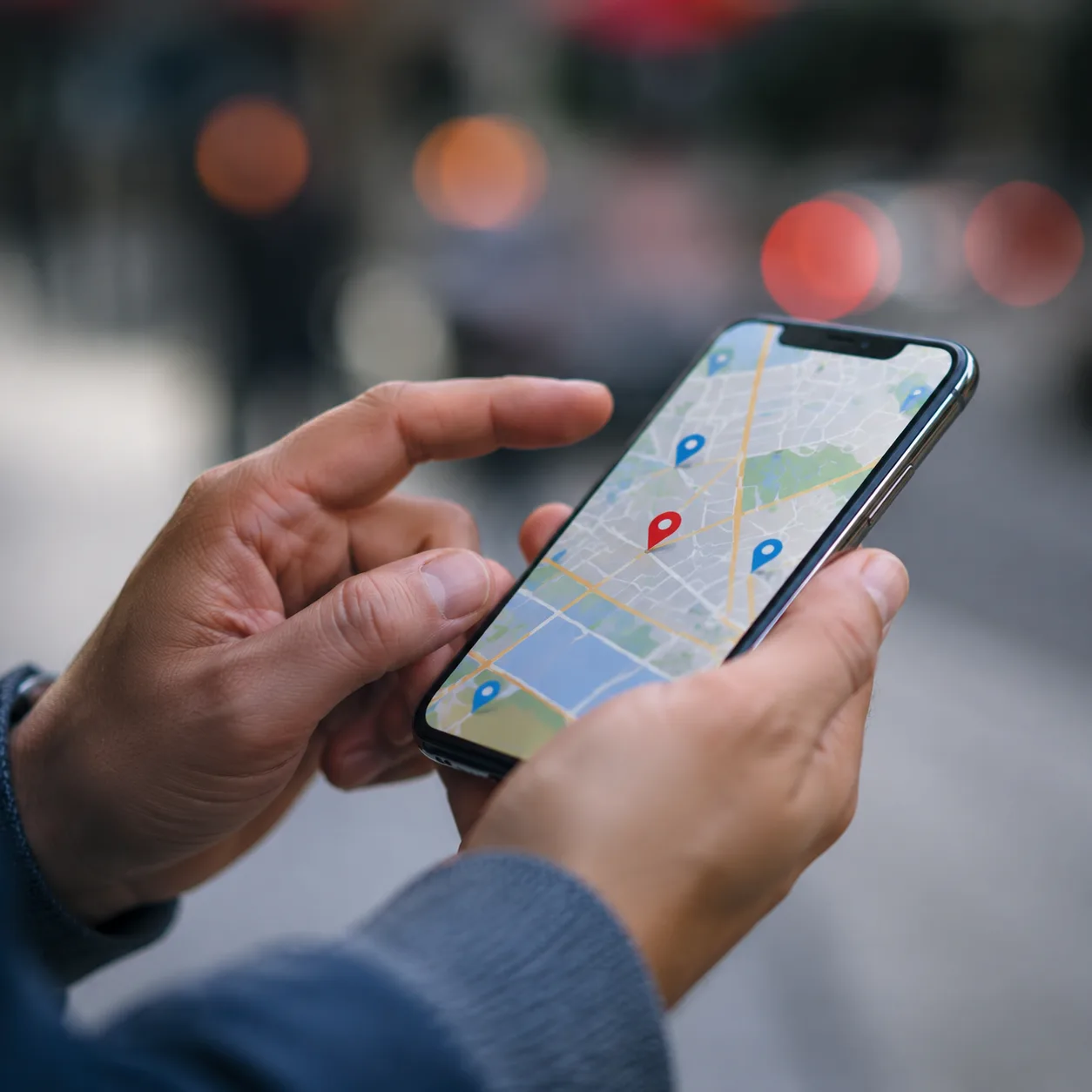 Close-up of a phone screen showing a map and list of homes for sale