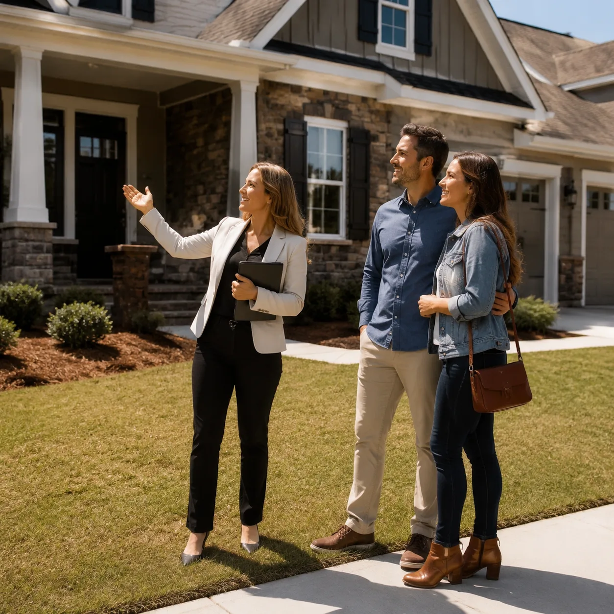 Real estate agent and client touring a home together in front of the yard