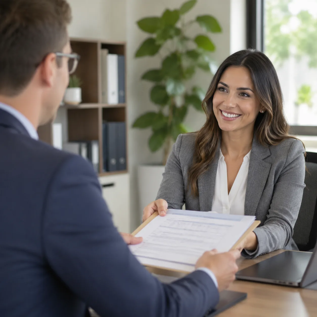 Khách hàng nộp hồ sơ tài chính và tài liệu vay cho mortgage advisor tại văn phòng