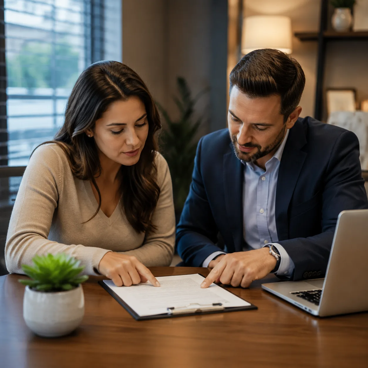 Khách hàng và mortgage broker xem xét tài liệu công khai về cấu trúc hoa hồng của khoản vay