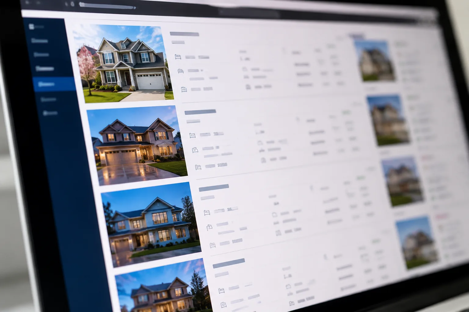 Computer screen showing a list of home listings with pricing and photo details