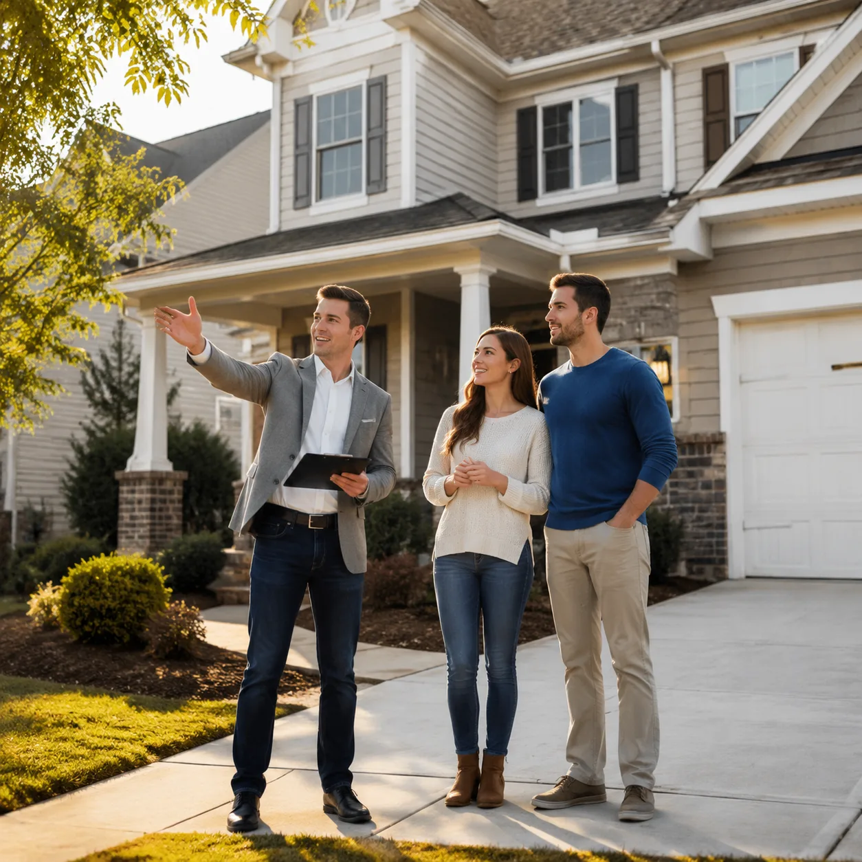 Realtor và khách hàng thảo luận về giá nhà bên ngoài một căn nhà ở Georgia
